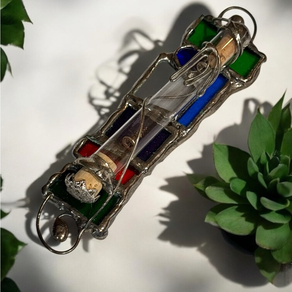 Israeli Green and Blue Glass Art Mezuzah with Intricate Design